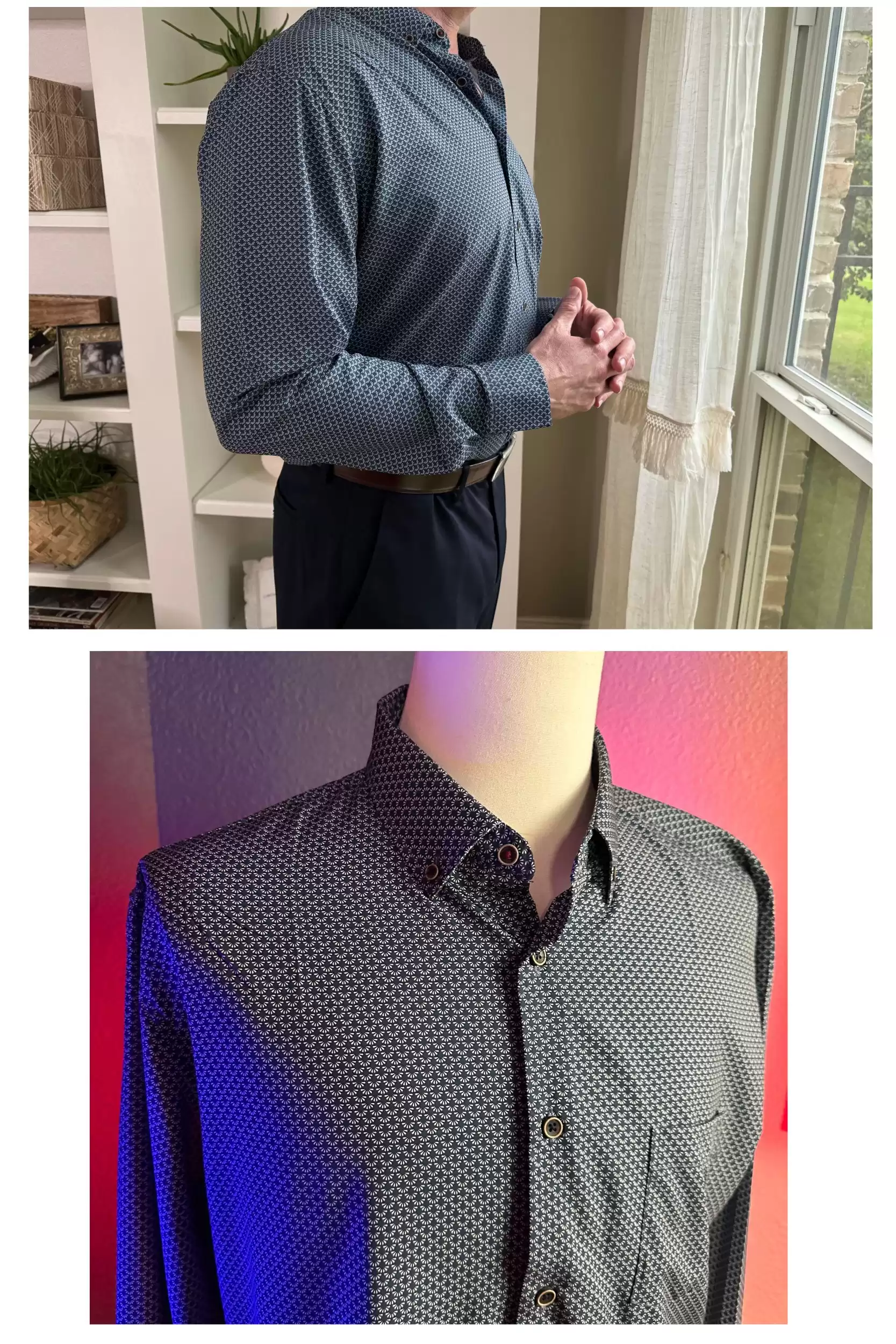 WARHORSE Mens Casual Button Down Dress Shirts 4-Way Stretch, Navy Circle