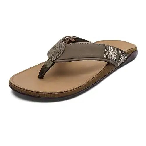 OLUKAI Tuahine Men's Beach Sandals, Quick Dry Flip-Flop Slides, Waterproof Full-Grain Leather & Wet Grip Soles, Soft Comfort Fit & Arch Support