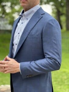 Proper Cloth Bedford Blue Melange Hopsack Jacket with Paul Frederick dress shirt