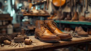 Chukka Boot in repair shop. Rugged for winter wear.