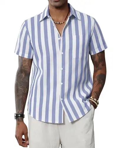 J.VER Men's Linen Short Sleeve Shirts Lightweight Casual Striped Button Down Shirt