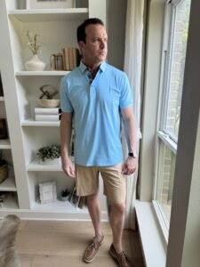 Alex Vando Blue Polo with Sperry Billfish Shoes and Khaki Shorts