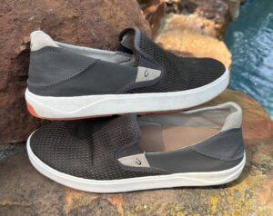 Olukai Slip-On Deck Shoes with rubber soles. Waterproof for wet surfaces.