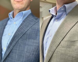 Best Summer Suits for warm weather. Collage of Cotton and Wool Blend suit with a Taupe Suit made of Tropical 130s wool