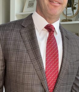 Brown Plaid Suit White Shirt Red Tie