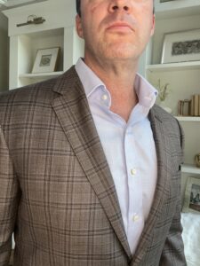 Brown Plaid Suit from Stitched with Proper Cloth Light Blue Dress Shirt