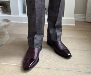 Taupe Pants with Mezlan Burgundy Shoes