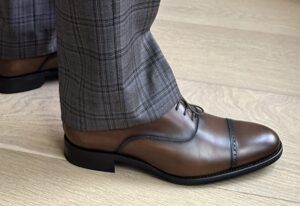 Burnished Brown Cap Toe Shoes from To Boot NY with Brown Plaid Pants