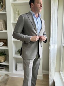 Proper Cloth Taupe Suit with Light Blue Shirt