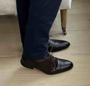 Belvedere Burgundy Cap Toe Dress Shoes with Navy Blue Slacks